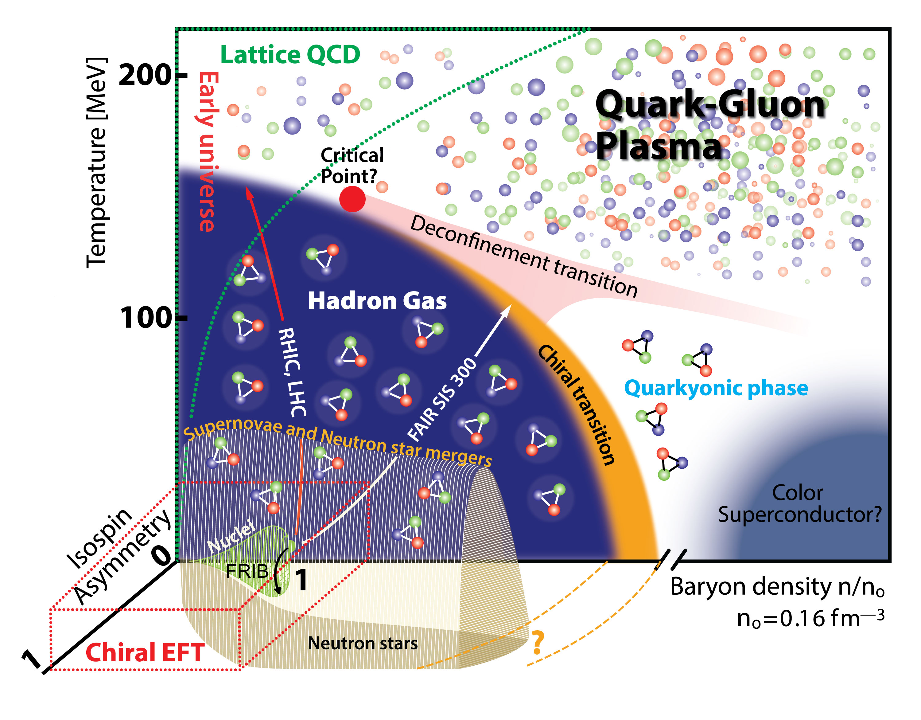 Phase diagram of QCD. A graph showing temperature on the vertical axis and baryon density on the horizontal axis. The region to the bottom left is marked "supernovae and neutron star mergers"; above this "hadron gas". This region is surrounded by a "chiral transition" and "deconfinement transition", ending in a "critical point". To the right of this is marked "Color superconductor?" To the top right "quark-gluon plasma", and to the top left "lattice QCD".